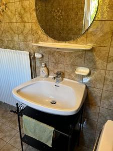 a bathroom with a sink and a mirror at Ferienwohnung Hakuna Matata in Bad Aussee +20 photos
