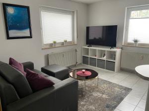 a living room with a couch and a flat screen tv at Appartement Linda in Rheinfelden