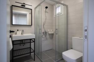 a bathroom with a shower and a toilet and a sink at MINIQ HOMES 103 - Stone House with Garden Cinema, Barbecue, Mini Golf in Foca +7 photos