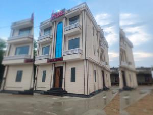 two pictures of a building with a blue at Hotel O RG PALACE HOTEL in Bagru