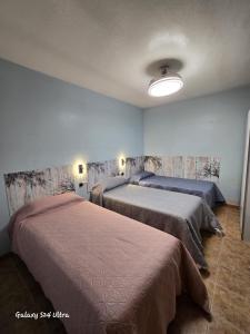 a bedroom with two beds and a light fixture at Casa Rural Consuelo in Jumilla