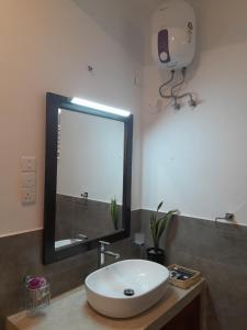 ein Badezimmer mit einem weißen Waschbecken und einem Spiegel in der Unterkunft villa cinnamon bliss  + 9 Fotos