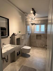 a bathroom with a toilet and a sink and a shower at Moderne Ferienwohnung mit Terrasse und Gartenblick in Hannoversch Münden
