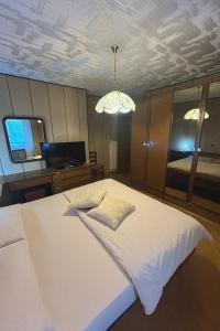 a bedroom with a white bed and a television at Casa Checolongo in Ziano di Fiemme