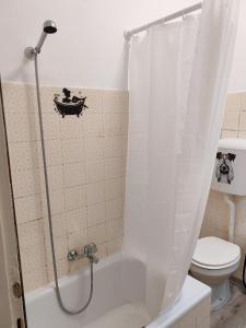 a bathroom with a shower with a toilet and a shower curtain at Casa ALFRED FIDENZA in Fidenza +24 photos