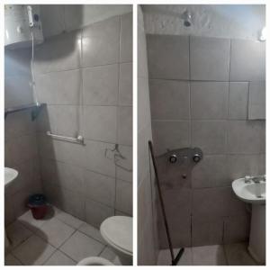 Dos imágenes de un baño con inodoro y lavabo. en El Encanto, en Mar del Plata