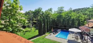 an overhead view of a swimming pool in a yard with trees at Cabana 23 - Avrig in Avrig