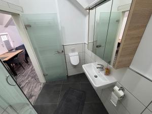 a bathroom with a sink and a toilet and a mirror at Ferienwohnung zur Fröhlichkeit II in Niederdorla