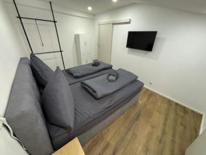 a living room with a couch and a flat screen tv at Ferienwohnung zur Fröhlichkeit II in Niederdorla +3 photos