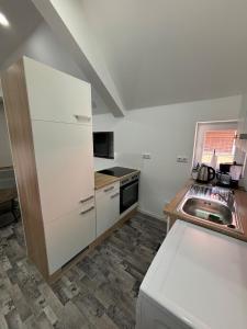a kitchen with a white refrigerator and a sink at Ferienwohnung zur Fröhlichkeit II in Niederdorla
