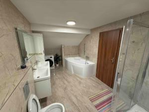 um banheiro com banheira, vaso sanitário e pia em Apartmán v pekárně em Vejprty