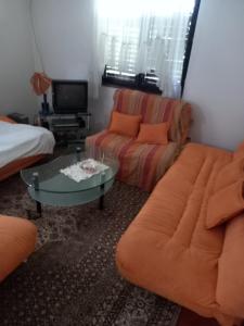 een woonkamer met een bank en een salontafel bij Apartman Ipak Se Okrece in Trebinje