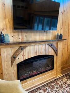 Μια τηλεόραση ή/και κέντρο ψυχαγωγίας στο Peaceful Cabin with Dock and Pond Views in Georgia