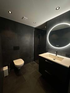 ヘニングスヴァールにあるFiskekrogen Rorbuerのトイレ、洗面台、鏡のあるバスルーム