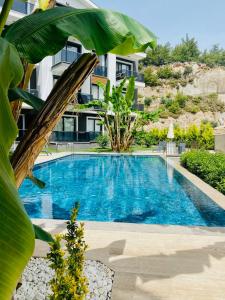 a swimming pool in front of a building at Stylish Lounge Apartment with Pool & Views in Fethiye