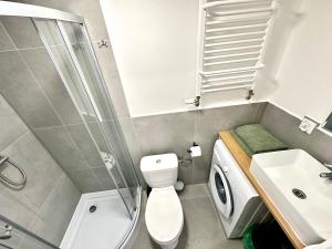 a bathroom with a toilet and a shower and a sink at leszczynki parter III in Gdynia