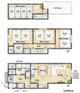 Dos vistas de un plano de una casa en 和船 wafune, en Tokio