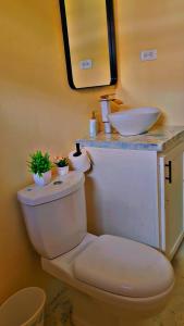 a bathroom with a white toilet and a sink at Lovely 2 bedroom in the city in Saint Georgeʼs