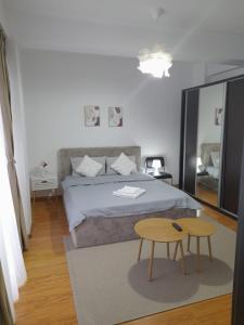 Un dormitorio con una cama y una mesa dentro. en Garsoniera Spital Fundeni-Dragonul Rosu, en Dobroeşti