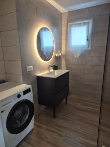 Un baño con lavadora y lavabo. en Gîte Un instant de rêve à Dorlisheim, piscine intérieure chauffée, sauna, en Dorlisheim