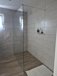 una ducha con puerta de cristal en un baño en Gîte Un instant de rêve à Dorlisheim, piscine intérieure chauffée, sauna, en Dorlisheim