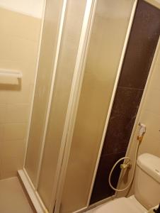 a shower with a glass door next to a toilet at Villa Onus in Aluthgama +13 photos