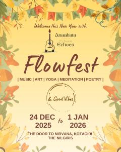 um cartaz para um festival de flores com folhas de outono em The Door to Nirvana Backpackers Hostel Kotagiri em Kotagiri