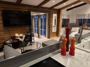 a living room with a flat screen tv and a couch at Cozy cabin with an amazing view in Åre