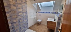 a small bathroom with a toilet and a sink at Time Out Moments Haus mit eigener Sauna in Grafenau +27 photos