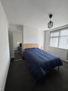 レスターにあるSerenity LTDのベッドルーム(青いベッド1台、鏡付)