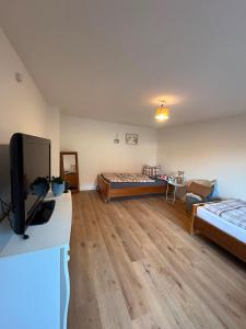 um quarto com duas camas e uma TV de tela plana em Renovated apartment near Büdingen with single beds em Büdingen