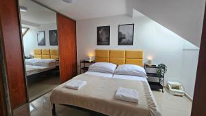 een slaapkamer met een groot bed en een spiegel bij Turecka 49 Apt 2 in Nové Zámky