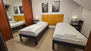 een kamer met 2 bedden en een spiegel bij Turecka 49 Apt 2 in Nové Zámky +7 foto's