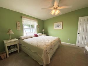 a green bedroom with a bed and a ceiling fan at Serendipity in Saint Ignace