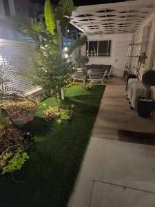 a living room with plants and a green rug at יחידת סאן סנטר באילת in Eilat +4 photos