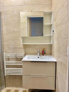 a bathroom with a sink and a mirror at Maison Bon Séjour in Livry-Gargan