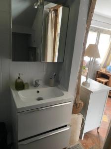 ein Badezimmer mit einem weißen Waschbecken und einem Spiegel in der Unterkunft Chambre privée autonome  + 4 Fotos