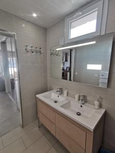 un bagno con lavandino, specchio e doccia di Magnifique studio au pied des plages a Cannes