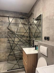 een badkamer met een toilet, een wastafel en een spiegel bij Apartments Natural and Bungalows in Sarajevo