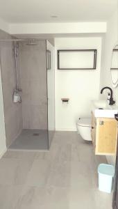 a bathroom with a shower and a toilet and a sink at Casa Calma in Las Breñas