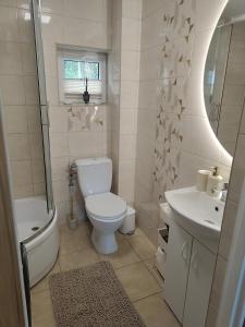 a white bathroom with a toilet and a sink at Domek z jakuzzi Rzeszów in Rzeszów