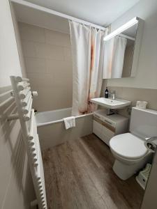 アローザにあるFortuna 8 by Arosa Holidayのトイレ、洗面台、浴槽を備えたバスルーム
