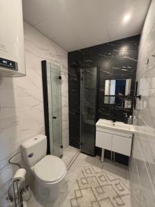 Un baño con inodoro, ducha y lavabo. en Campenhausen Apartment, en Kuressaare 33 fotos más