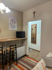 TV a/nebo společenská místnost v ubytování Miniferienwohnung für unkompliziertes Naturliebhaberpärchen