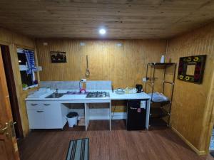 a kitchen with a sink and a counter top at Cabañas Tupananchiskama in Ancud