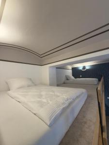 a bedroom with two beds and a ceiling at Apartmán U Hradu in Strakonice +10 photos