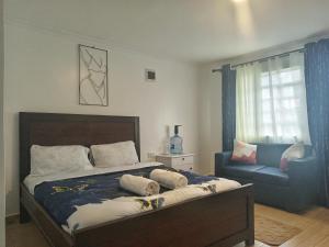 纳纽基Rustic Flame Cozy & Elegant Studio in Nanyuki的一间卧室配有一张带椅子的床和一扇窗户