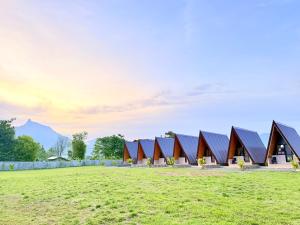 a row of houses with black roofs in a field at Shing Spa Resort in Brooke's Point