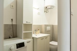 a small bathroom with a sink and a toilet at Urban NEST apartment - FREE Parking & Central in Kočevje +3 photos