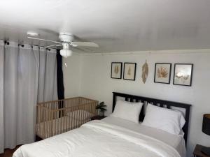 ein Schlafzimmer mit Bett und Deckenventilator in der Unterkunft Thanu Shack in Tobermory